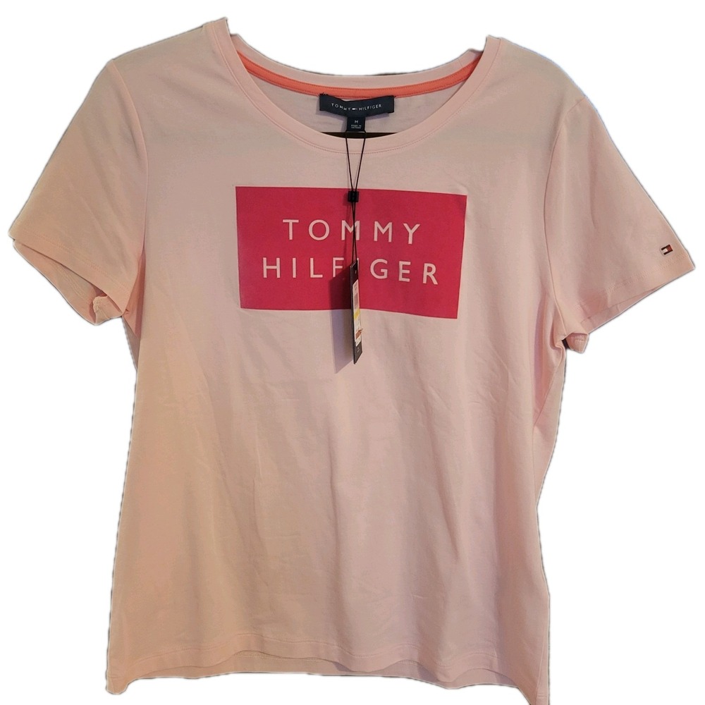 Tommy Hilfiger Pink Short Sleeve Top‎ Size Medium Velvet Logo NWT Preppy Casual